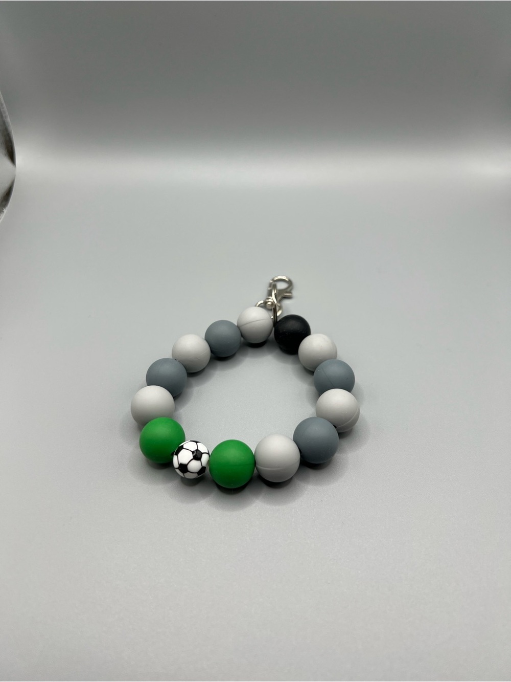 Silicone Beaded Keychain Bracelet - Green & Gray Soccer - Handmade - K0294C
